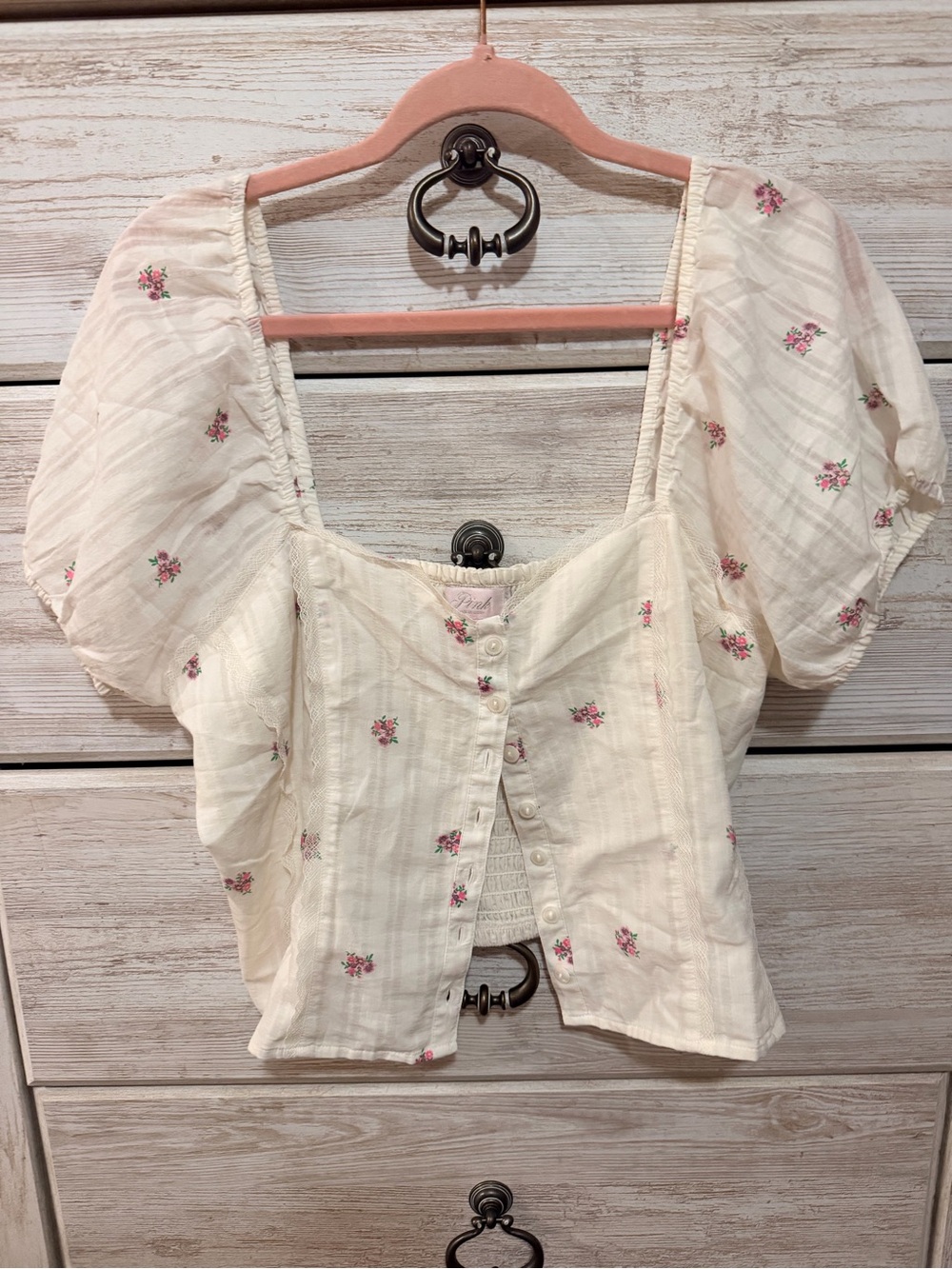 PINK Victoria's Secret Cream Puff-Sleeve Button-Front Floral Top